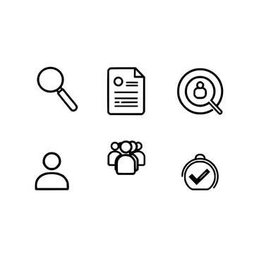 Job search icons set with six minimal black and white vector icons arranged in a 3x2 grid featuring magnifying glass, person, target, checkmark with CV document and group icons