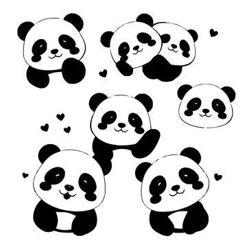 Collection of six cute, cartoon-style panda faces in various expressions and poses, arranged in a 2x3 grid on a plain white background. Each panda has a simple, rounded design with black and white ...