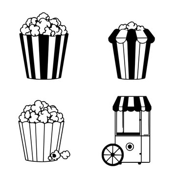 Popcorn set with four clean-lined black and white illustrations featuring popcorn buckets, single kernels, machine, and striped awning with flat design and minimalist style