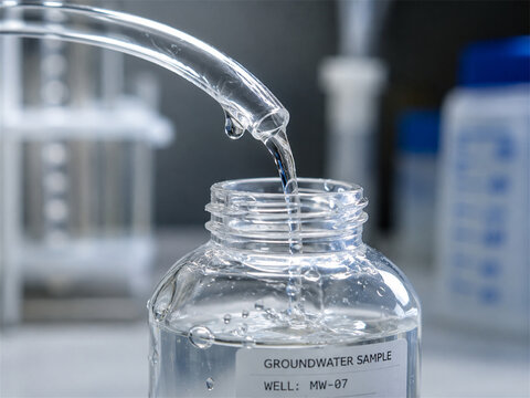 Laboratory pipette dispenses a clear groundwater sample into a labeled glass bottle during precise environmental testing for contamination analysis water quality research and public safety