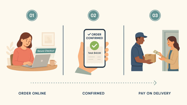 Illustration of online food ordering process with delivery confirmation and payment on arrival