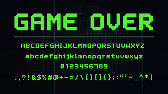 Retro pixel game over text with alphabet and numbers on grid background
