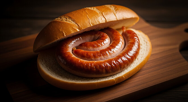 Grilled sausage in a bread bun on a dark wooden board