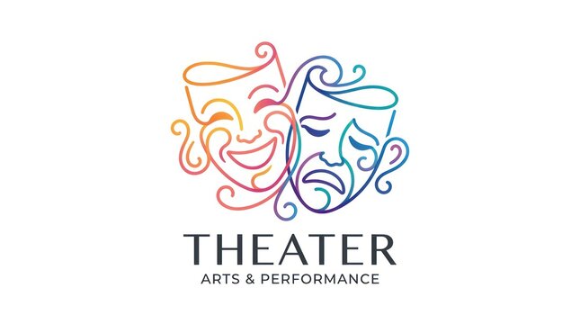 Colorful line art illustration of comedy and tragedy masks representing dramatic arts icons.