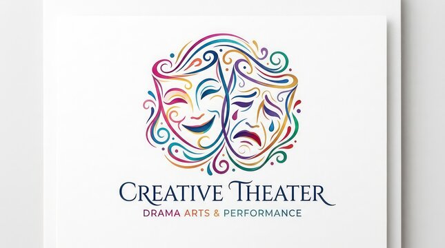 Colorful theatrical masks logo with curly decorative elements for creative arts and theater.