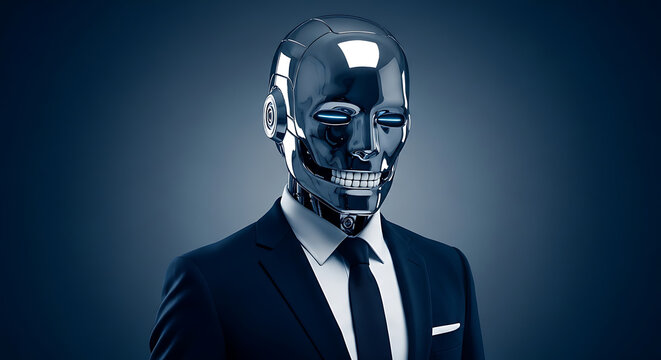 Futuristic robot man wearing a business suit and tie