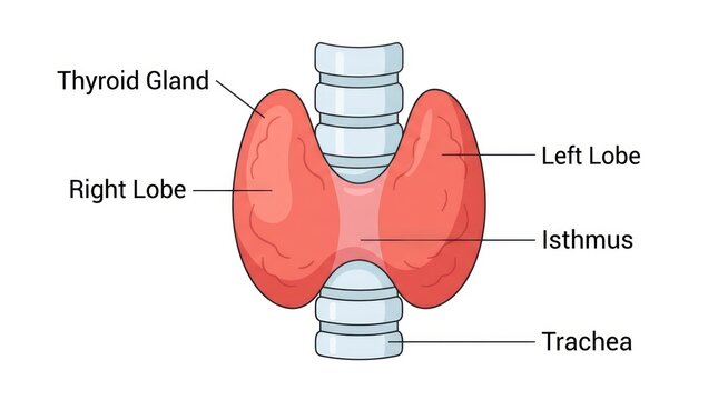 Simple medical illustration of human thyroid gland with labels on plain white background.
