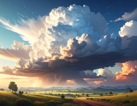 Dramatic stormy clouds over rolling hills.