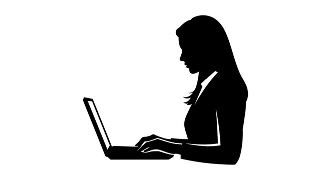 Black silhouette of a business woman working on a laptop