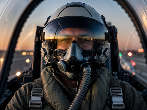 Focused fighter pilot wearing a flight helmet oxygen mask and safety harness inside a cockpit at sunset with runway lights behind conveying readiness discipline courage and advanced aviation training
