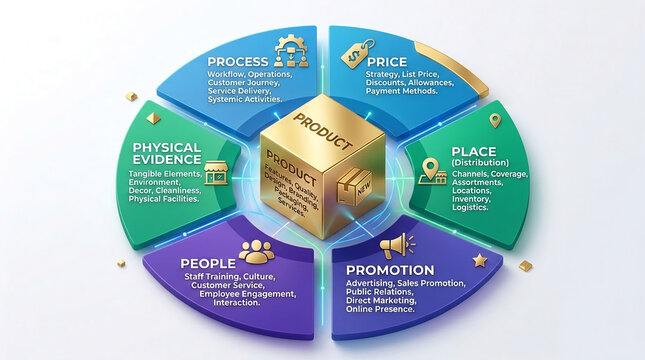 Diagram illustrating the 7 P's of marketing: Product, Price, Place, Promotion, People, Process, and Physical Evidence, representing a comprehensive business strategy