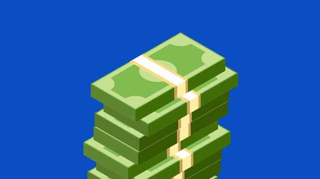 Money increasing animation on blue screen, camera moving upwards direction, investment system vector animation on chroma key, 4k resolution animation
