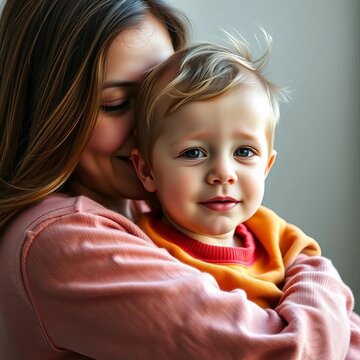 Softly lit portrait of a mother cradling her child with Down syndrome, equality, diversity