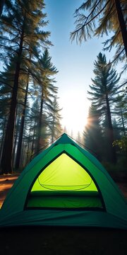 Spacious teal tent amidst serene forest landscape with morning sunlight filtering through trees, serene, escape
