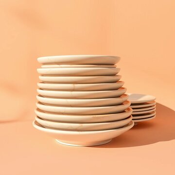 Stacked plates with beige and peach tones on a two-toned background with strong shadows, plates, home decor