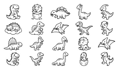 Cute Kawaii Baby Dinosaur Outline Coloring Page Vector Set with Cartoon Dino Characters for Stickers and Nursery © Md