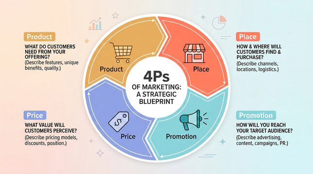 Diagram illustrating the 4 Ps of marketing: Product, Place, Promotion, and Price. Represents a strategic blueprint for business.