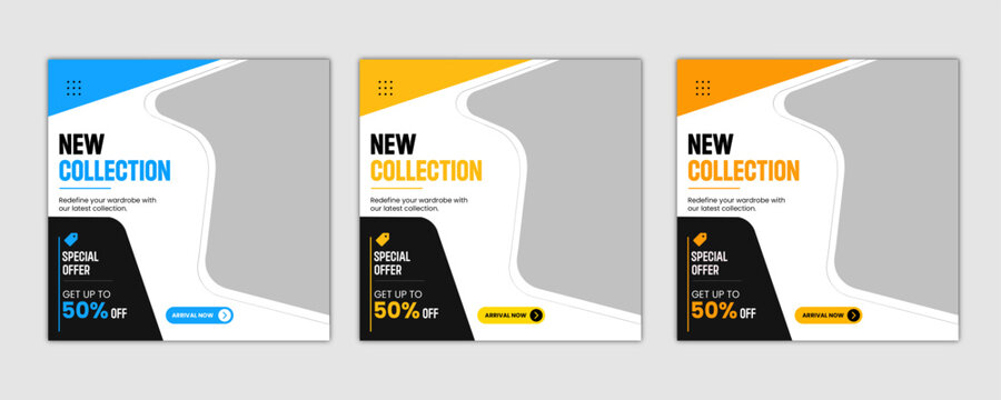 Set of three social media post designs for new collection launch with minimalist layout.