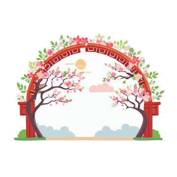Red arch with cherry blossom trees and spring sky illustration