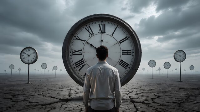A man stands before an enormous vintage clock in a barren landscape, symbolizing the relentless passage of time, destiny, patience, and life's fleeting moments.