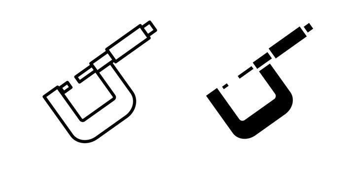 Micrometer icon in solid fill style, displayed on a white background in black color. Represents precision measurement, engineering, manufacturing, and quality inspection. Ideal for industrial software
