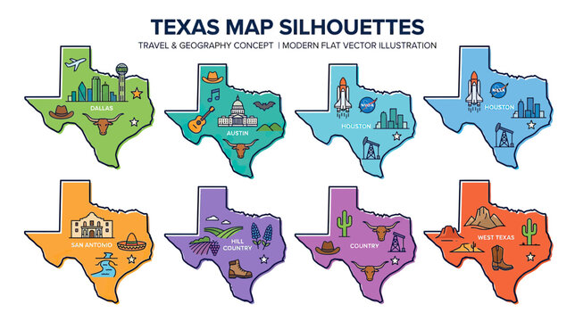 Texas Map Silhouettes: Icons of Culture, Landmarks, and Geography