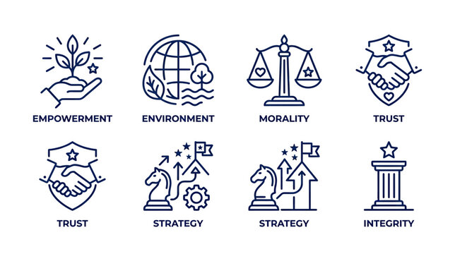 Business Ethics and Strategy Icons: Empowerment, Environment, Morality, Trust, Integrity
