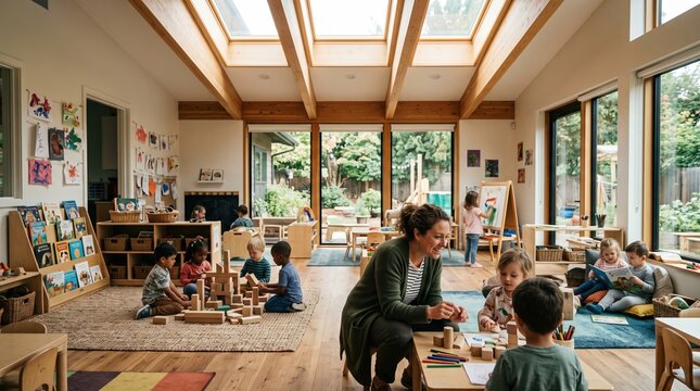 Wide Angle View of Spacious Montessori Classroom with Diverse Kids - Education Concept with Diversity