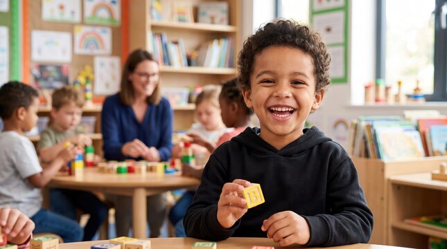 Happy Multiethnic Preschool Boy Smiling with Block in Classroom - Education Concept with Diversity