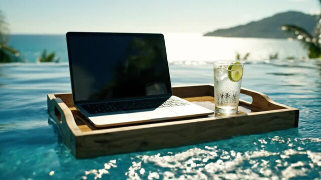 Laptop and drink on floating tray in infinity pool, tropical paradise, remote work concept
