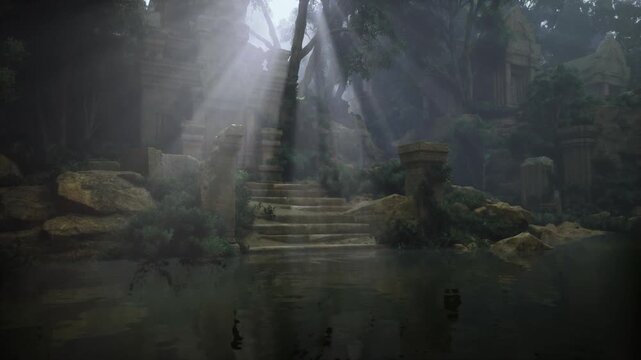 Twilight pool surrounded by shadowy ruins and shafts of light, atmospheric mist and cool tones create cinematic mood, perfect for editorial or cinematic
