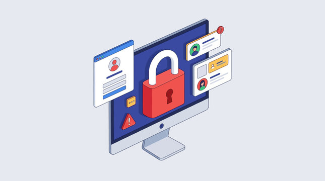 Cybersecurity Concept Isometric 3D computer monitor with red padlock and user login interface ideal for data protection blogs and IT security presentations.