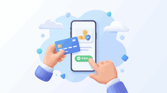 Secure Mobile Payment with 3D hands holding credit card and tapping pay button on smartphone screen, ideal for fintech apps and e-commerce marketing.