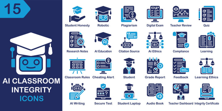 AI Classroom Integrity solid icons collection. Containing education, student, teacher, school, learning and more. Solid vector icons collection. Vector Illustration.