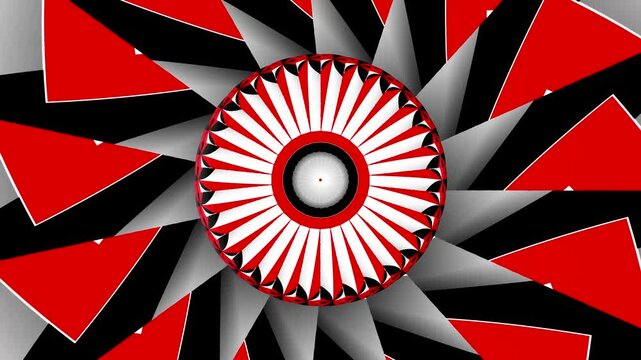 Seamless loopable 2D animation of rotating red, black, and white geometric shapes forming a sharp dynamic kaleidoscope mandala with shadow depth.