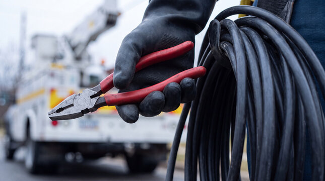 Gloved hands of an electrician holding insulated pliers and electrical cable
