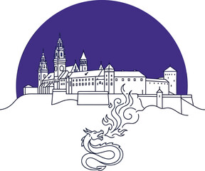 Obraz premium Minimalist line art of Wawel castle in Krakow and a fire breathing dragon on purple circle