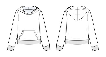 Slim Fit Kangaroo Pocket Hoodie Technical Fashion Illustration. Long Sleeve Pullover Sweatshirt with Ribbed Trim Vector Template. Front and Back View. Women’s Apparel. CAD Mockup Set. © aiven studio