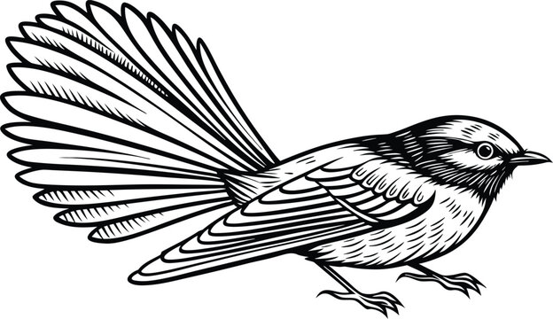 Black and white hand drawn fantail bird line