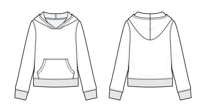 Slim Fit Kangaroo Pocket Hoodie Technical Fashion Illustration. Long Sleeve Pullover Sweatshirt with Ribbed Trim Vector Template. Front and Back View. Women&rsquo;s Apparel. CAD Mockup Set.
