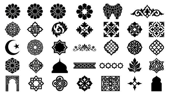 Intricate Islamic pattern silhouette vector icons for traditional architectural and art decoration