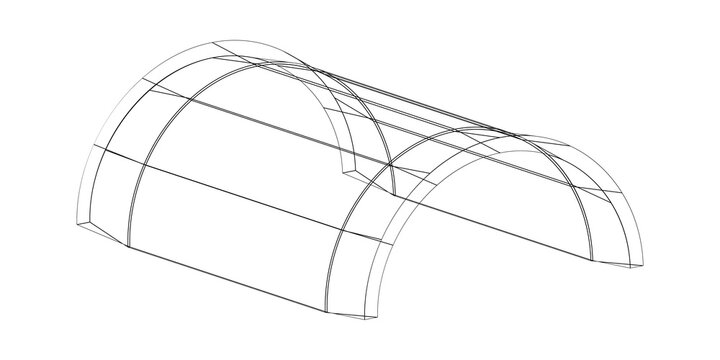 3D wireframe cylindrical tunnel with semi-circular ends, technical geometric illustration for architecture, engineering, and computer-aided design visualization