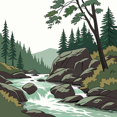 A scenic of a mountain river flowing through a dense coniferous forest with tall pine trees, rocky banks, and mountains © MST SABLRON