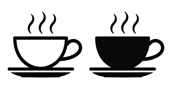 Black Outline and Filled Coffee Cup Vector Icons Featuring Hot Drink Mug Symbols for Caf&eacute;, Kitchen, and Web Graphics