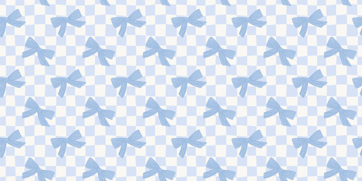 Coquette seamless pattern with blue bows on wavy checkered background. Cute girly print for wrapping paper, textile and fabric. Repeat wallpaper texture for birthday and holiday. Vector illustration