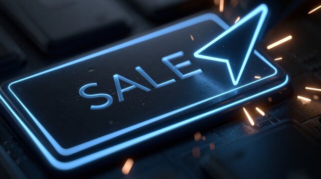 Neon blue cursor arrow clicks dark SALE button, generating sparks at the moment of action. A digital scene with energy and movement.