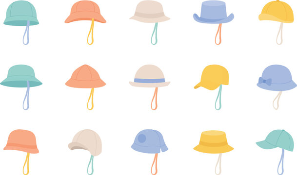 Assorted summer hats for children with chin straps in various pastel colors for outdoor sun protection gear