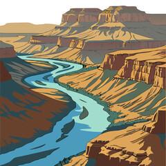 A wide blue river winds through a deep canyon with tall layered rock cliffs and green vegetation along the banks, hand-drawn scenic landscape © MST SABLRON