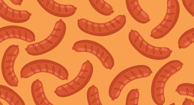 Delicious grilled sausages seamless pattern on an orange background perfect for fast food and barbecue designs.