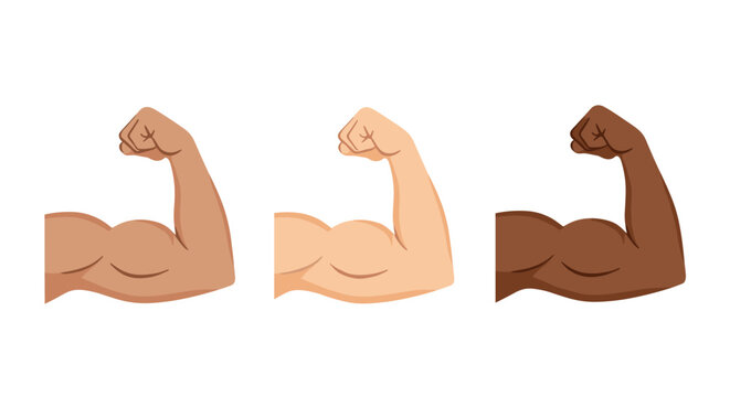 Muscle arm bicep flexing icon set in three different skin tones representing strength, diversity, and fitness.